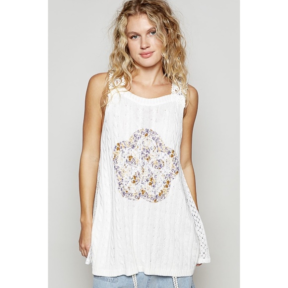 POL Sweaters - POL White Patchwork Sleeveless Lightweight Sweater Tunic | Crochet Lace Floral